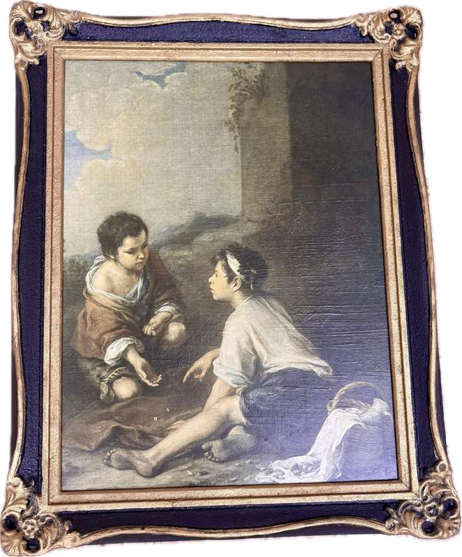 Vintage Esteban Murillo painting print in ornate wood frame  dice players