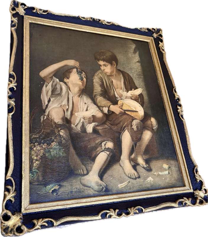 Vintage Esteban Murillo painting print in ornate wood frame Children eating grapes and a melon