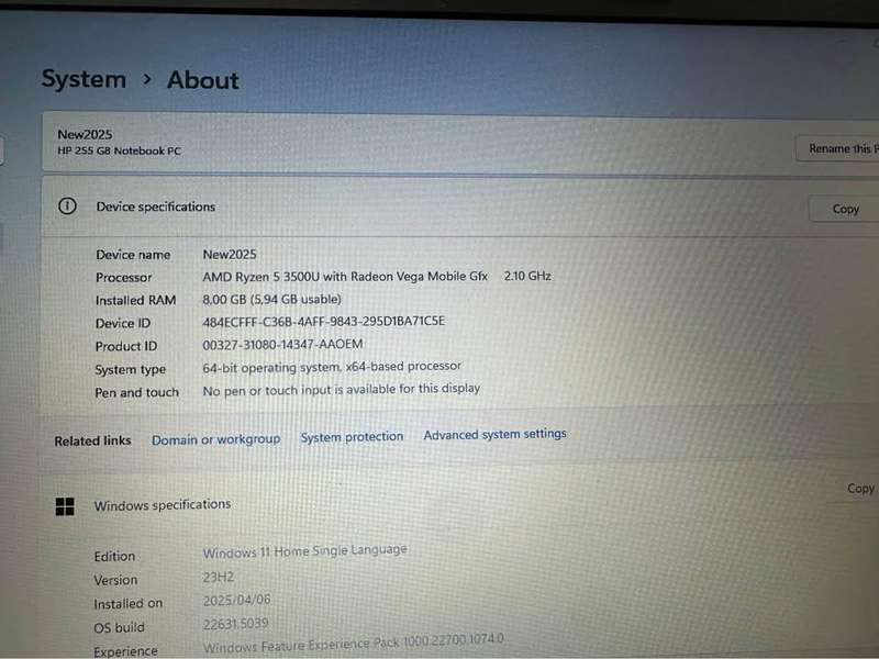 HP 255 G8 Laptop - AMD Ryzen - 8 GB - 256 SSD - Radeon Vega Mobile Gfx 2.10 GHz