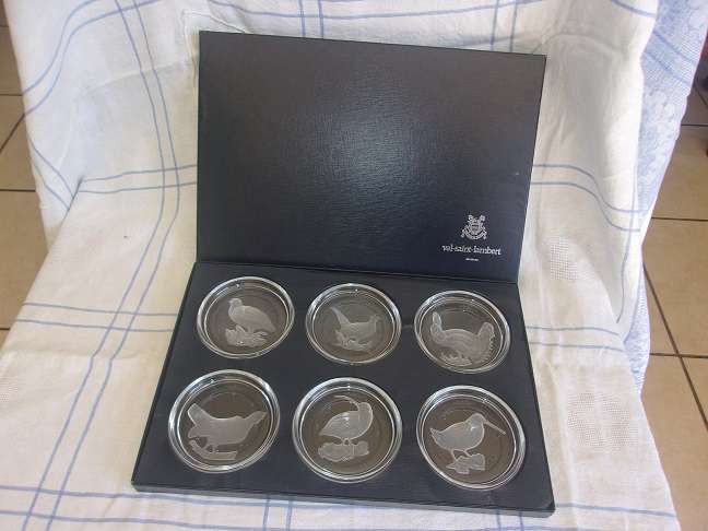 Boxed set of 6 Val-St.Lambert etched crystal coasters - birds