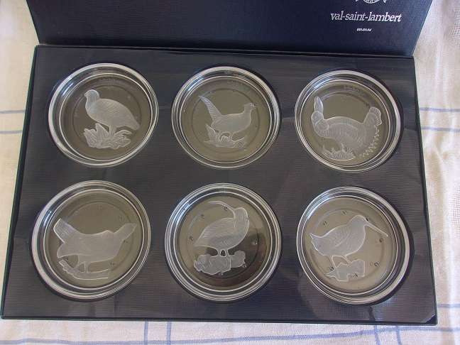 Boxed set of 6 Val-St.Lambert etched crystal coasters - birds