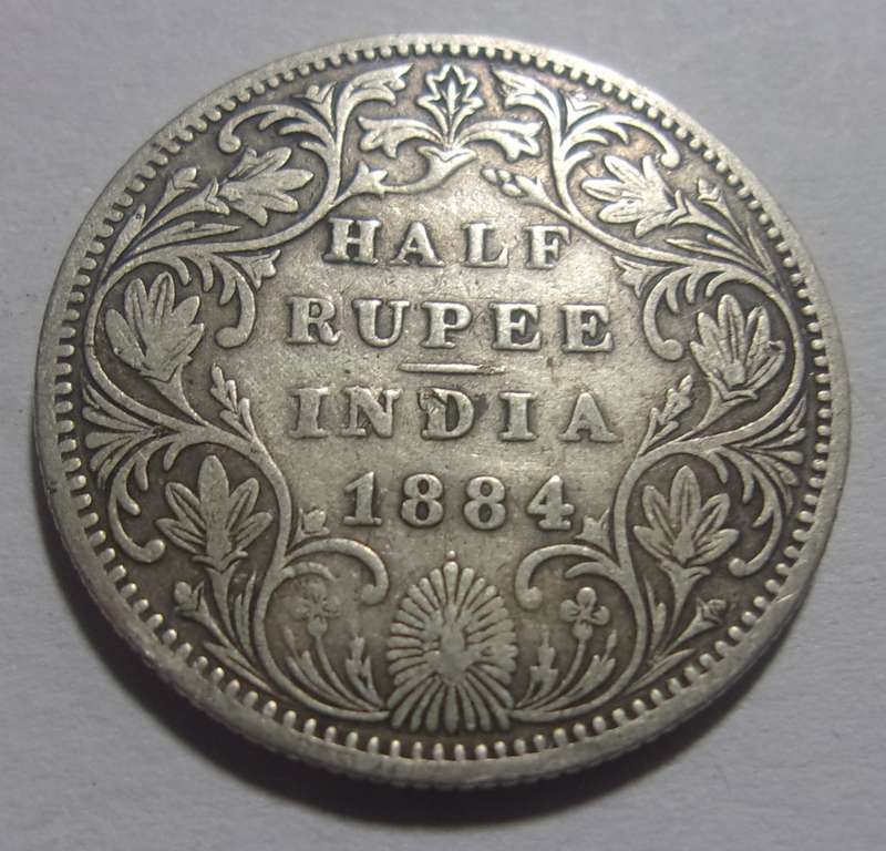 1884 silver India 1/2 Rupee coin