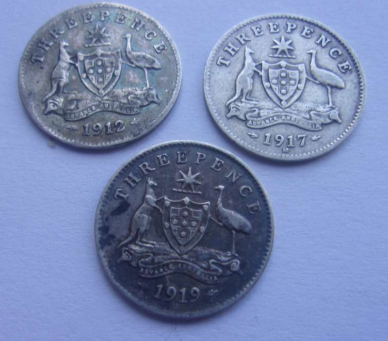1912, 1917, 1919 Silver Australia 3p coins for 1 bid