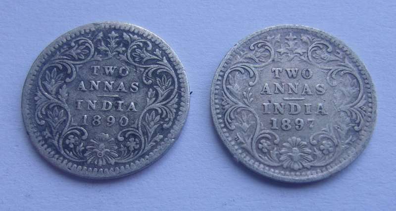 1890 & 1897 silver India 2 Annas for 1 bid