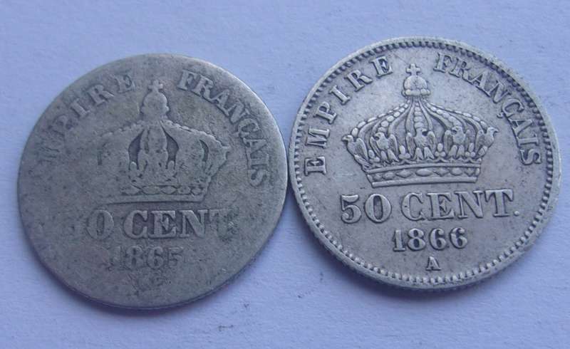 1865 & 1866 silver France 50 Centimes coins for 1 bid