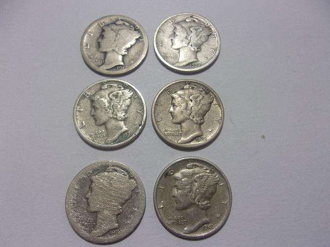 Lot of 6 silver USA "Mercury Dimes" for 1 bid