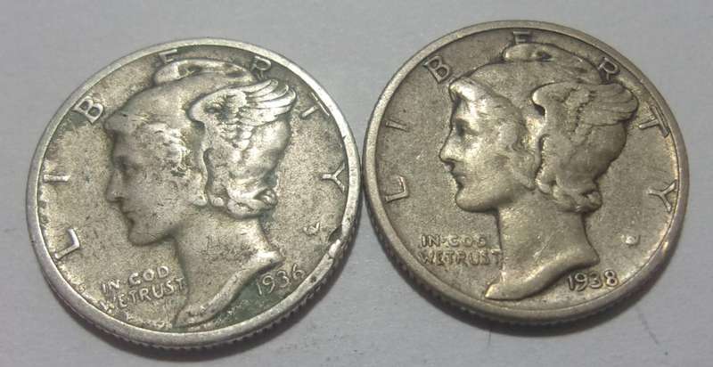 Lot of 6 silver USA "Mercury Dimes" for 1 bid