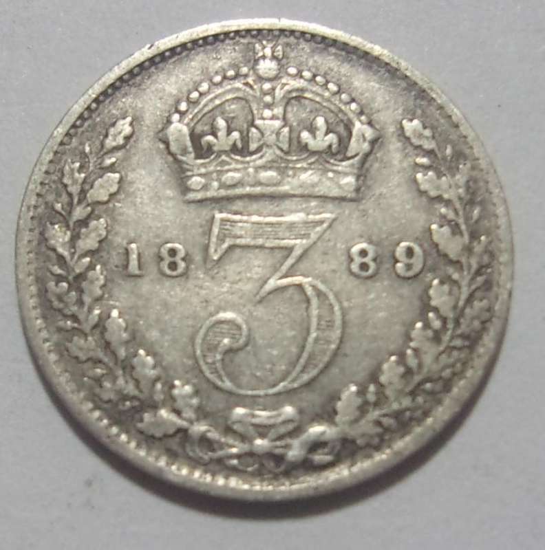 1889 silver British 3 Pence coin