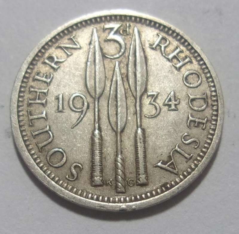 1934 silver Southern Rhodesia 3 Pence coin