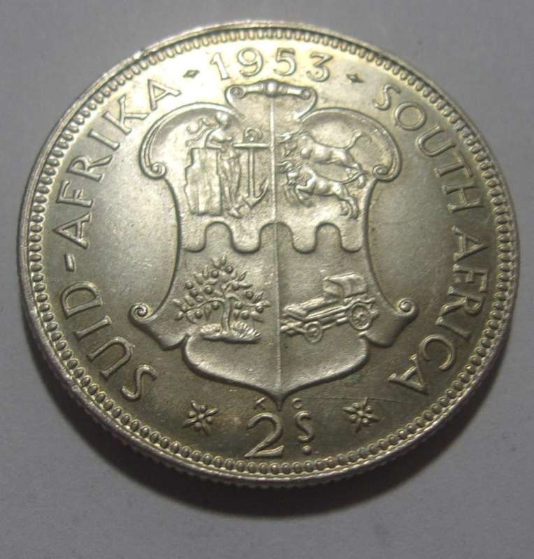 1953 silver South Africa 2 Shillings coin - nice coin