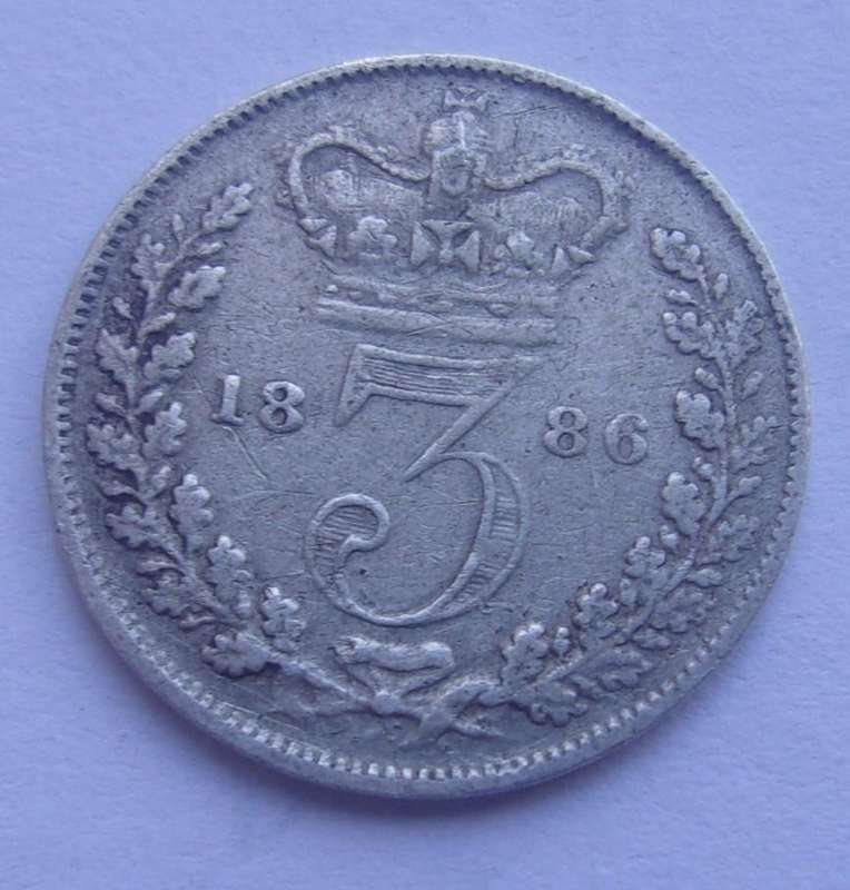 1886 silver British 3 Pence coin