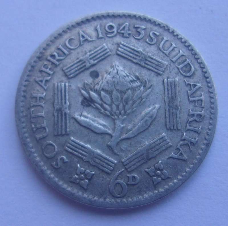 1943 silver South Africa 6 Pence coin