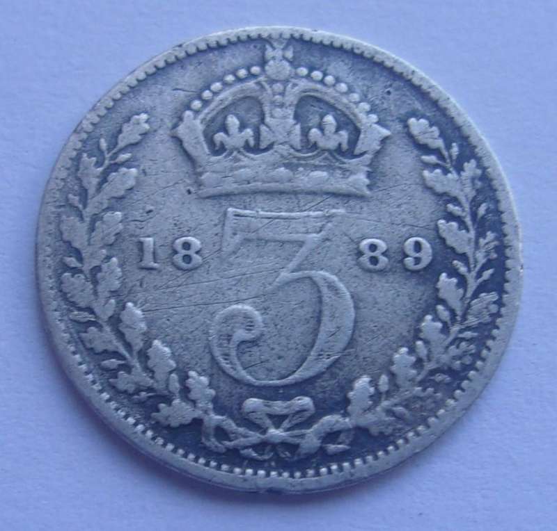 1889 silver British 3 Pence coin