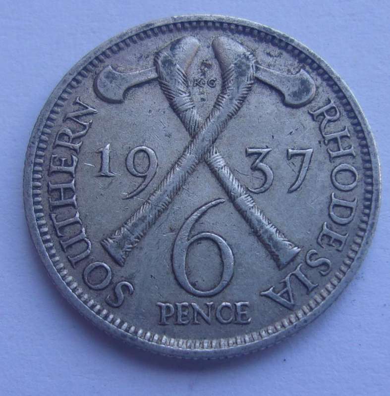 1937 silver Southern Rhodesia 6 Pence coin