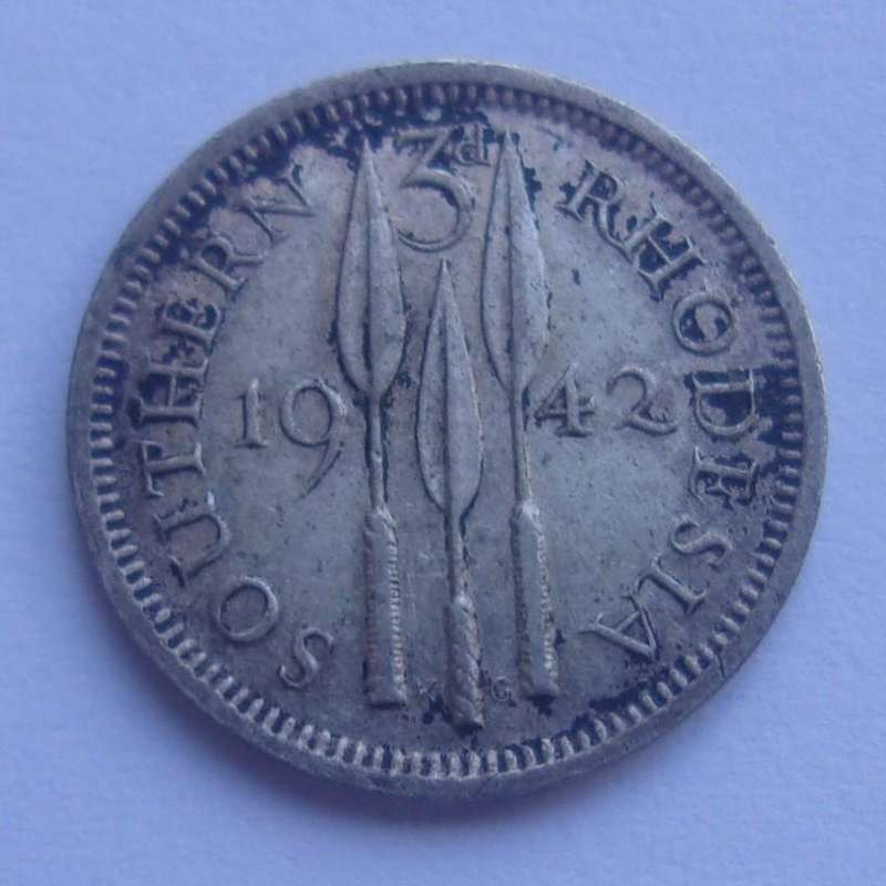 1942 silver Southern Rhodesia 3 Pence coin