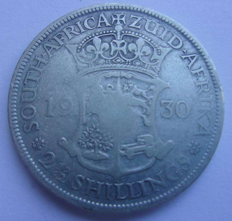 1930 silver South Africa 2 1/2 Shillings coin - mintage 323 576