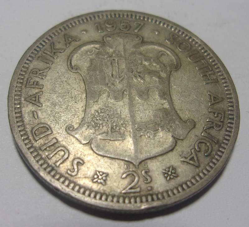 1957 silver South Africa 2 Shillings coin