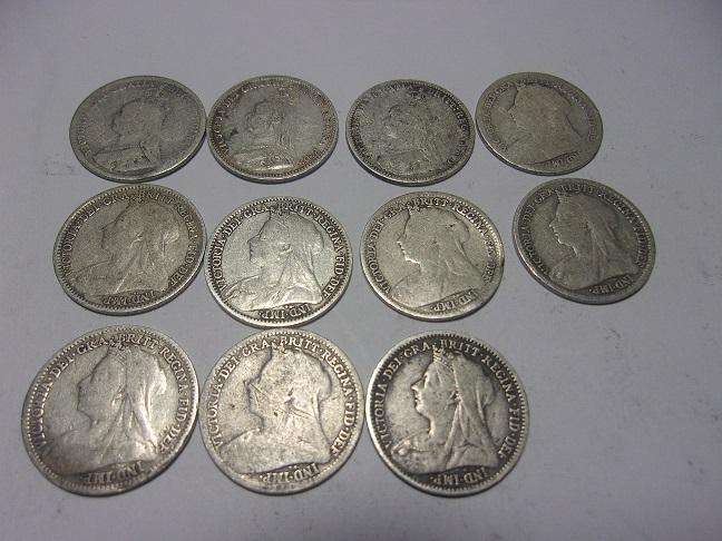 1891-1901 silver British Victoria 3 Pence coins