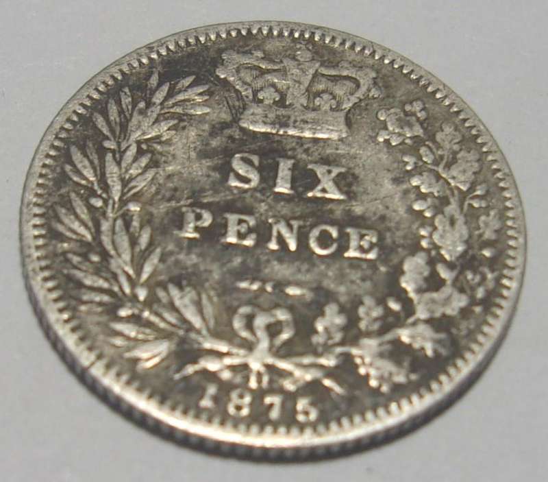 1875 silver British 6 Pence coin