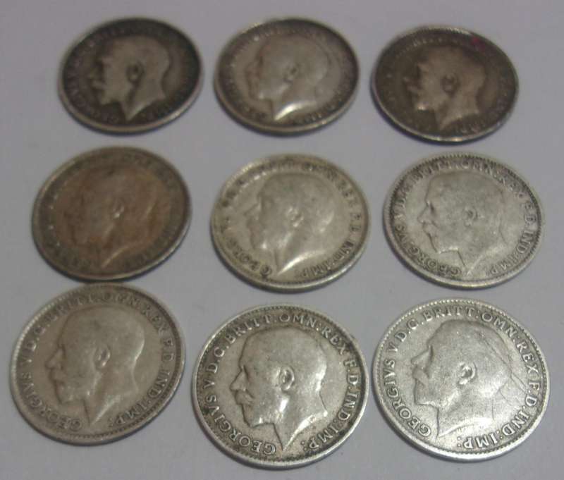 1911-1919 silver British 3 Pence coins for 1 bid