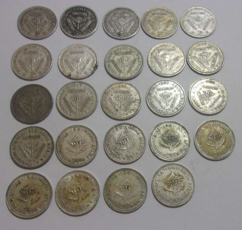 Large lot of 24 silver South African 3 Pence and 2 1/2 Cents coins for 1 bid
