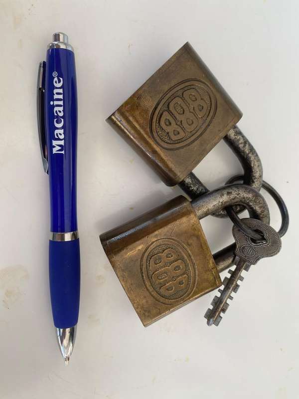 Two Vintage Heavy Brass German 888 Padlocks.  - With one key that fits both.