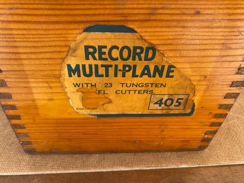 Complete Record No. 405 England Multiplane with 22 Tungsten Steel Cutters in Wooden Box.