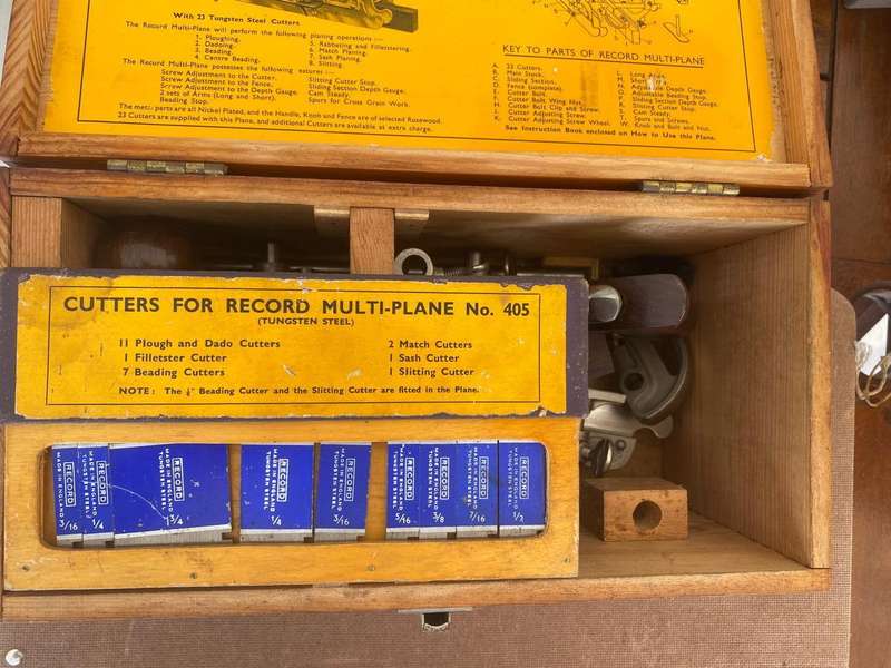 Complete Record No. 405 England Multiplane with 22 Tungsten Steel Cutters in Wooden Box.