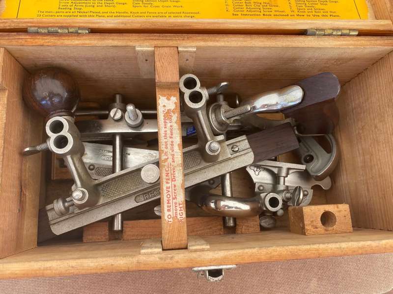 Complete Record No. 405 England Multiplane with 22 Tungsten Steel Cutters in Wooden Box.