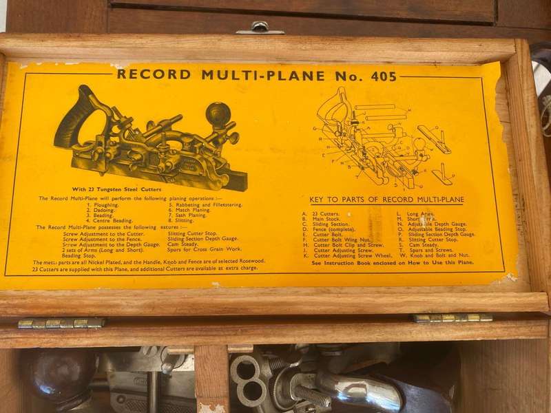 Complete Record No. 405 England Multiplane with 22 Tungsten Steel Cutters in Wooden Box.