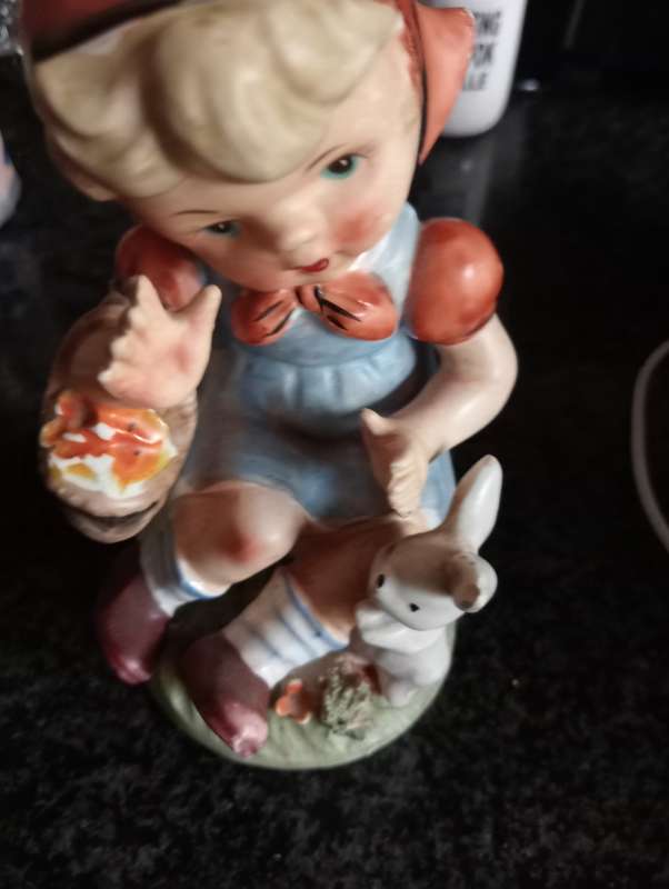 VINTAGE 14CM PORCELAIN DOLL WITH BASKET AND DOG