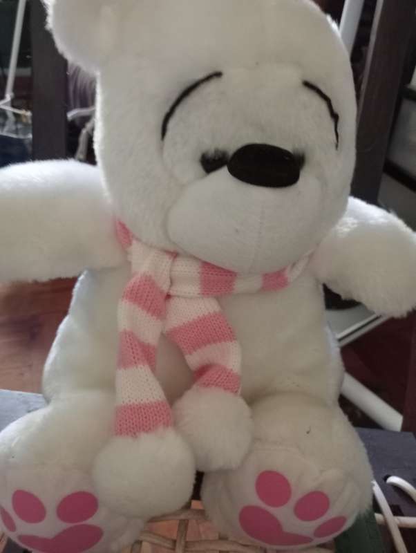 VINTAGE WHITE AND PINK BEAR WITH SCARF