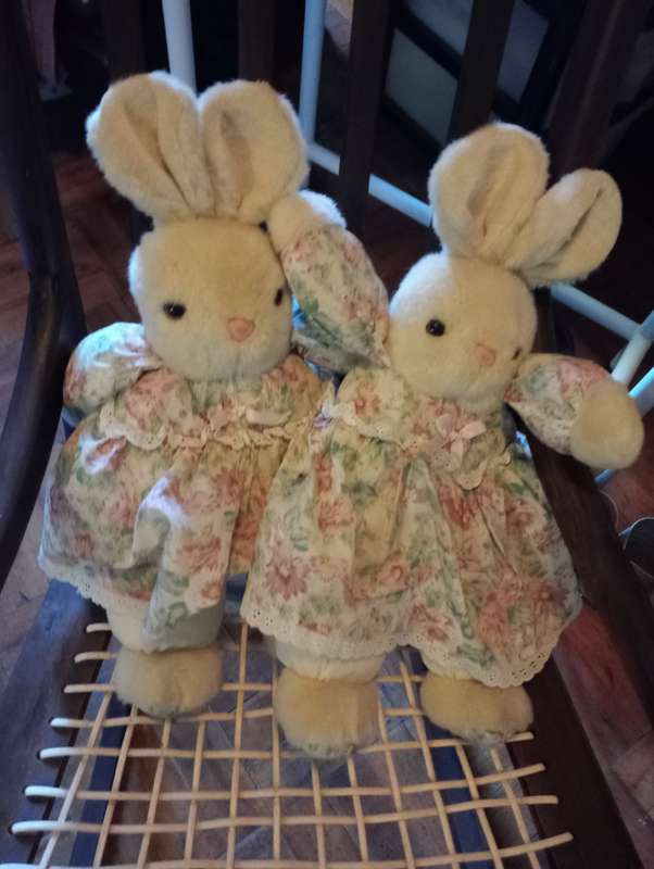 2 VINTAGE 45CM STUFFED RABBITS