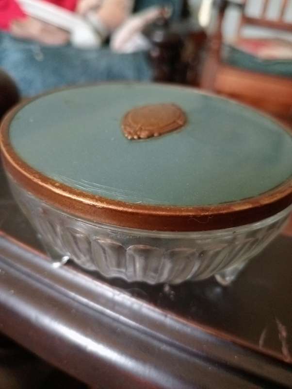 ANTIQUE  GLASS FOOTED VANITY JAR WITH LID