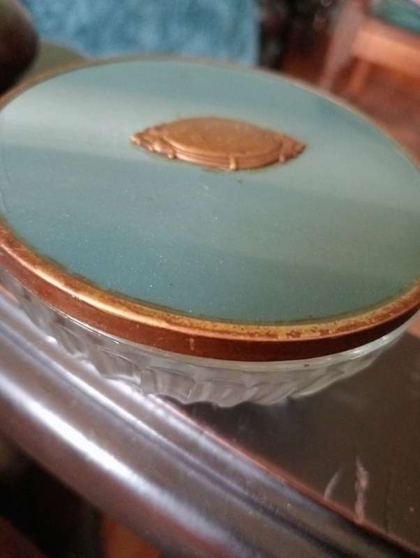 ANTIQUE  GLASS FOOTED VANITY JAR WITH LID