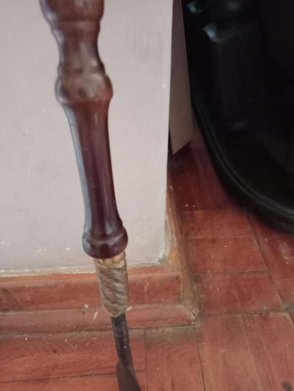 ANTIQUE AFRICAN TRIBAL SPEAR WITH WOODEN  HANDLE AND BRASS TRIMMINGS