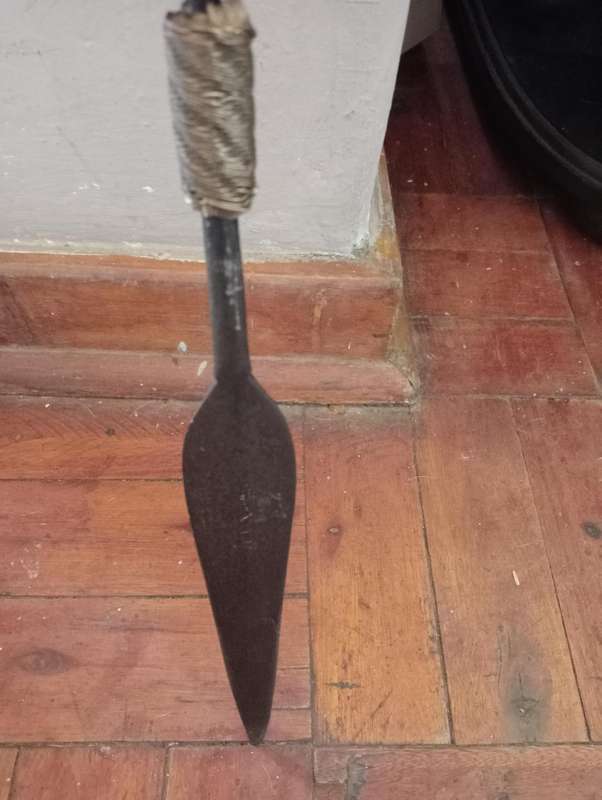 ANTIQUE AFRICAN TRIBAL SPEAR WITH WOODEN  HANDLE AND BRASS TRIMMINGS
