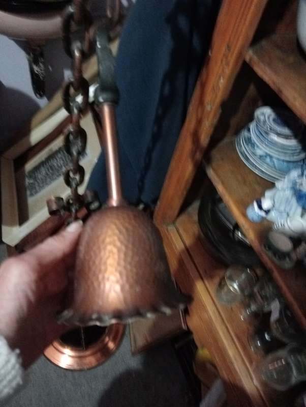 ANTIQUE  INTERESTING HANDMADE WOOD  WHEEL WITH COPPER TRIMMINGS AND COPPER  CHAINS STAND