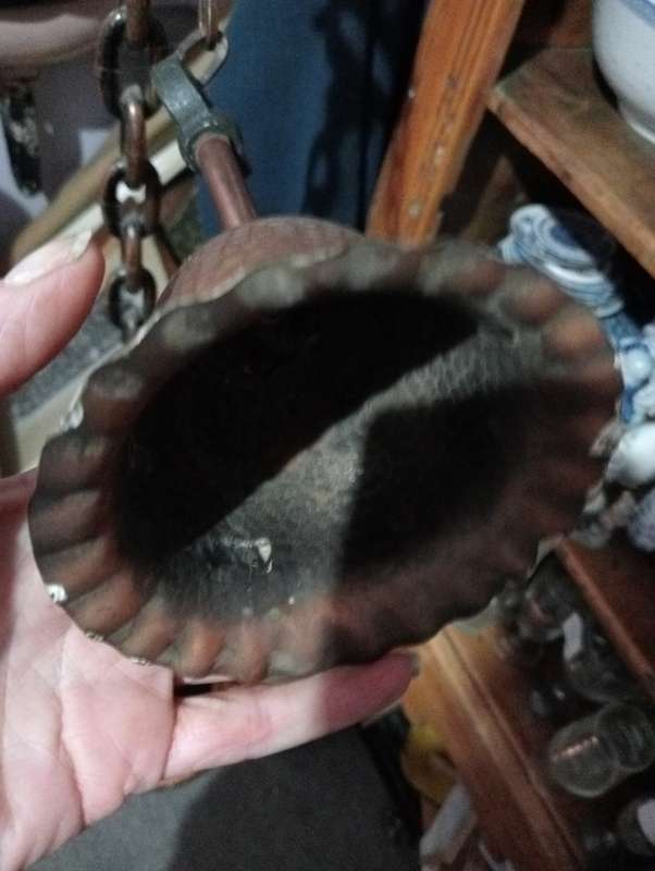 ANTIQUE  INTERESTING HANDMADE WOOD  WHEEL WITH COPPER TRIMMINGS AND COPPER  CHAINS STAND