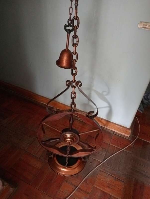 ANTIQUE  INTERESTING HANDMADE WOOD  WHEEL WITH COPPER TRIMMINGS AND COPPER  CHAINS STAND