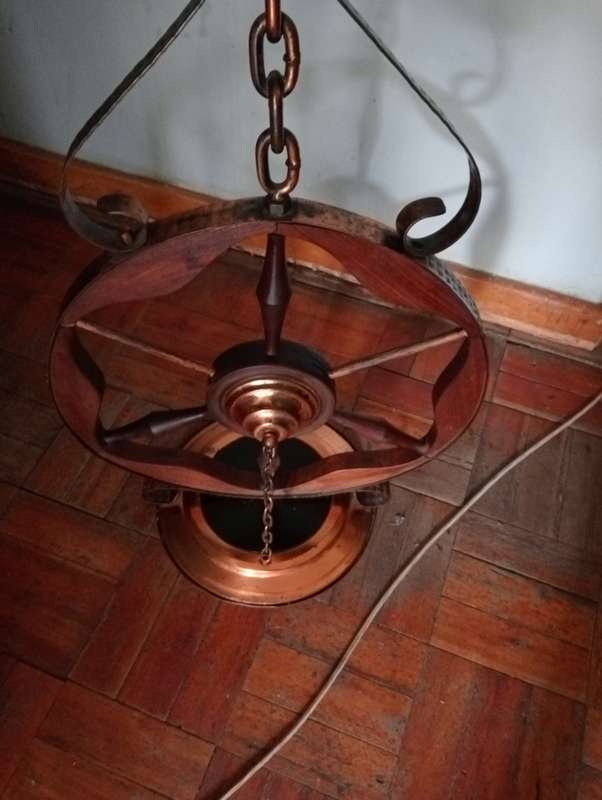 ANTIQUE  INTERESTING HANDMADE WOOD  WHEEL WITH COPPER TRIMMINGS AND COPPER  CHAINS STAND