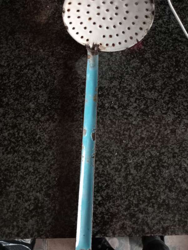 VINTAGE ENAMEL SOUP LADDLE AND STRAINER