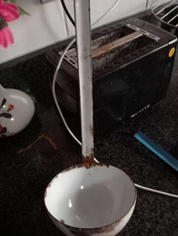VINTAGE ENAMEL SOUP LADDLE AND STRAINER