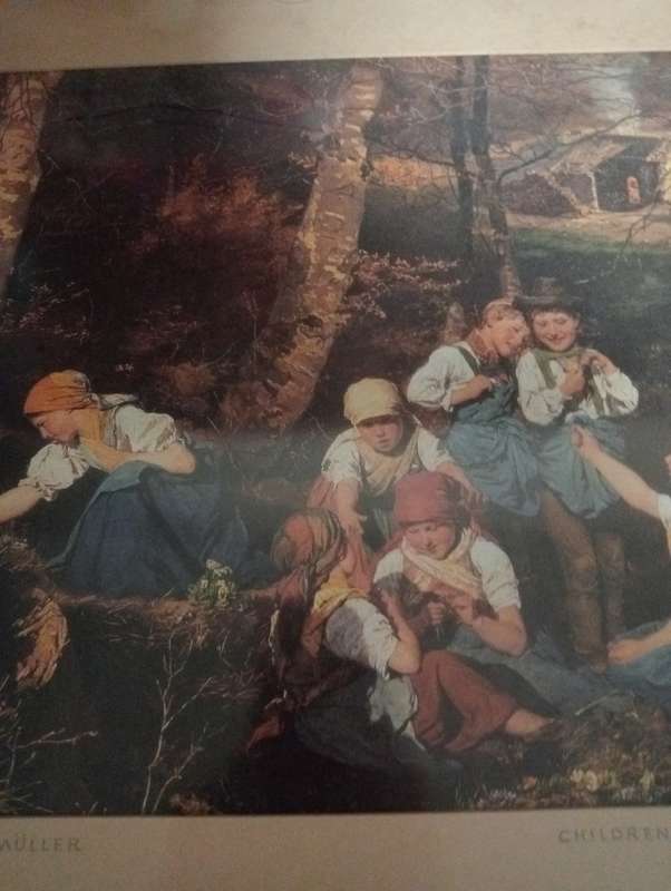 DETAILED  FRAME WITH PRINT OF FERDINAND GEORG WALD MULLER CHILDREN IN THE WOODS 1858