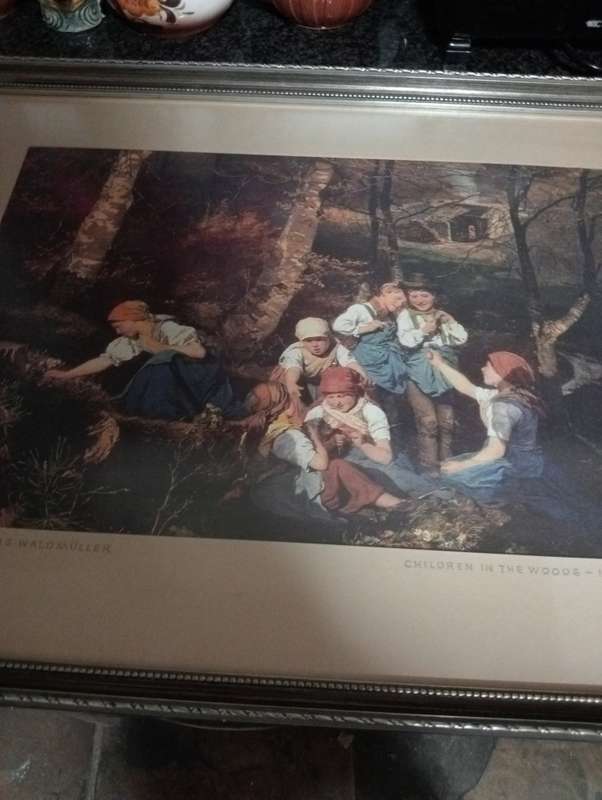 DETAILED  FRAME WITH PRINT OF FERDINAND GEORG WALD MULLER CHILDREN IN THE WOODS 1858