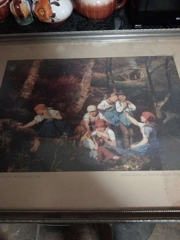 DETAILED  FRAME WITH PRINT OF FERDINAND GEORG WALD MULLER CHILDREN IN THE WOODS 1858