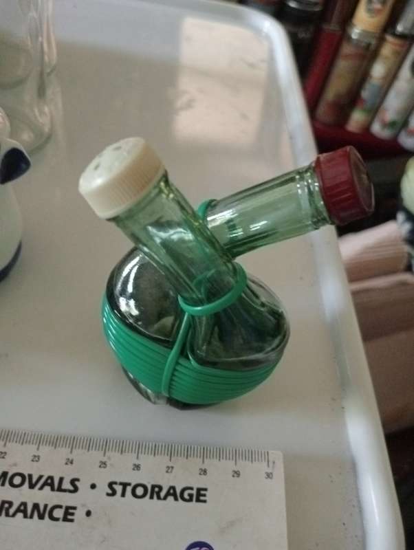 VINTAGE GREEN GLASS SALT AND PEPPER SET