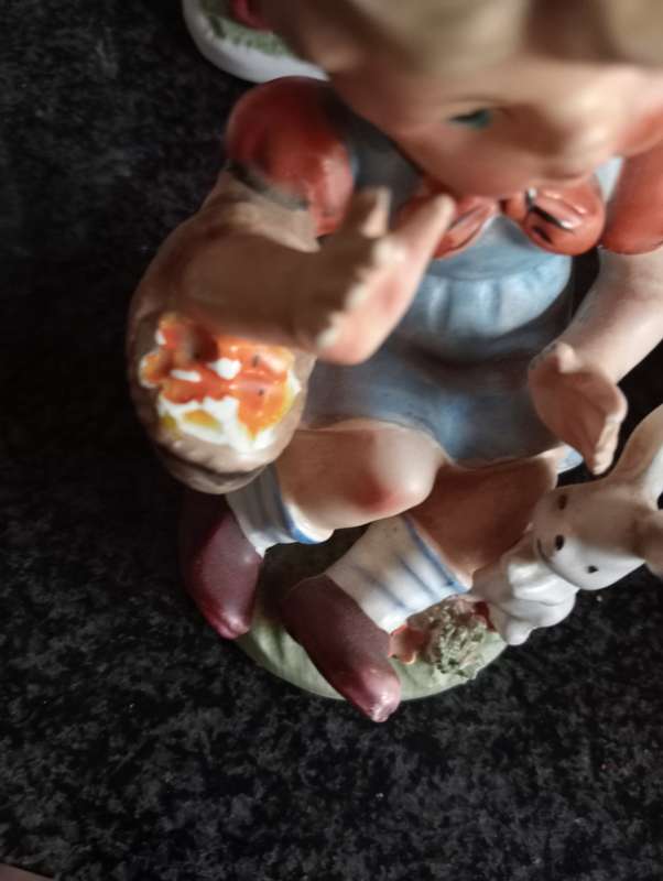VINTAGE 14CM PORCELAIN DOLL WITH BASKET AND DOG