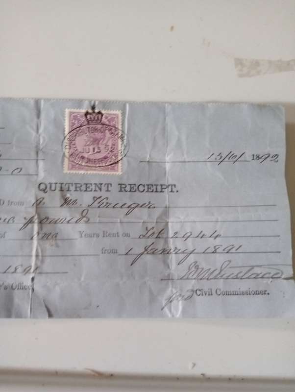 ANTIQUE  1892 QUIT RENT RECEIPT  FOR AM KRUGER