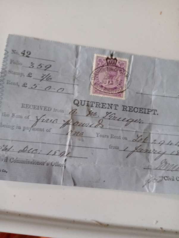 ANTIQUE  1892 QUIT RENT RECEIPT  FOR AM KRUGER